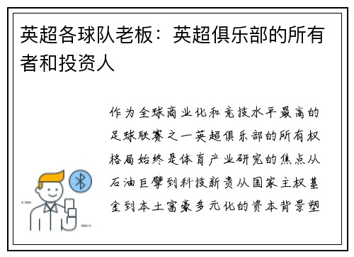 英超各球队老板：英超俱乐部的所有者和投资人